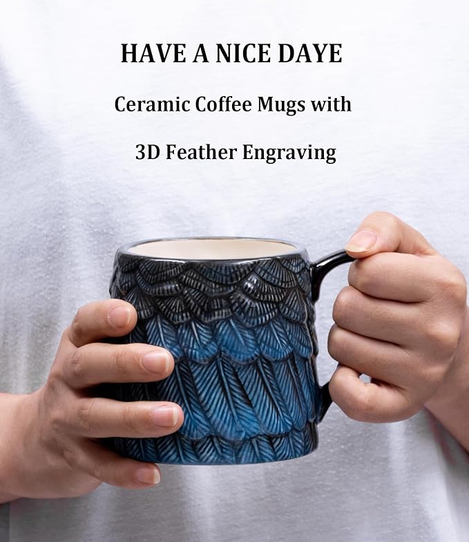 16 oz Coffee Mugs with Handle - Vintage Ceramic Tea Cup Reusable for Pour Over Coffee Lover Gifts - Aesthetic Flat Bottom Tea Mug with 3D Feather Engraving, Microwave & Dishwasher Compatible