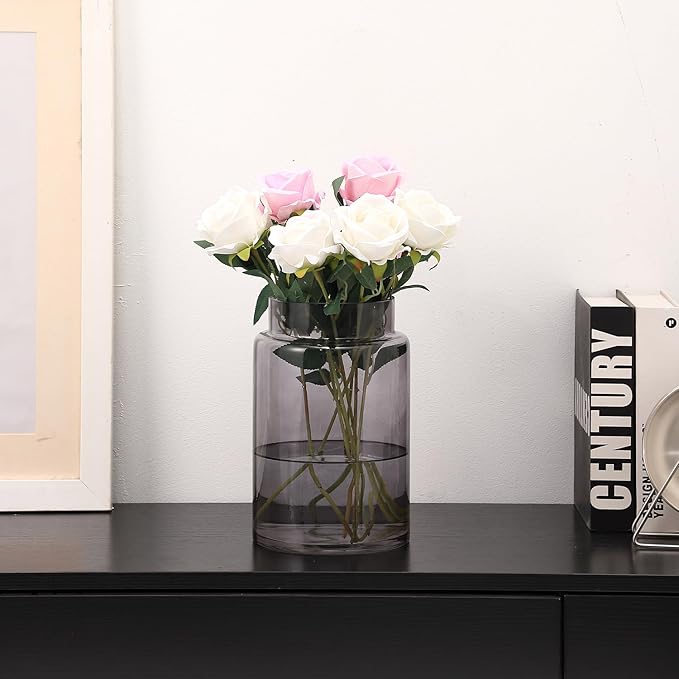 Large Glass Vase, 9 Inch Black Glass Vase, Large Flower Vases for Bouquet, Tall Wide Mouth Vases for Flowers, Home, Wedding, Living Room, Office Decor