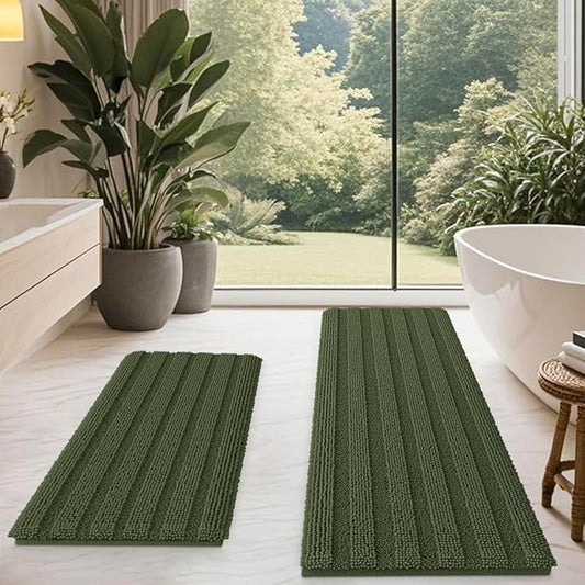 ACCUMTEK Striped Olive Green Bathroom Rug Mat Set 2 Piece 32"x20"+60"x20" Ultra Soft, Non Slip Chenille Bath Rugs, Absorbent Plush Shaggy Bath Mats for Bathroom, Bedroom, Kitchen, Shower, Tub