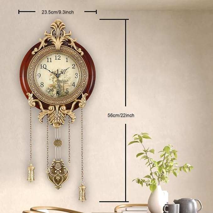 Aero Snail Dia 9-inch Retro Style Vintage Wood Indoor Wall Clock with Swinging Pendulum (Requires 2 AA Batteries for Clock Hands and Pendulum)