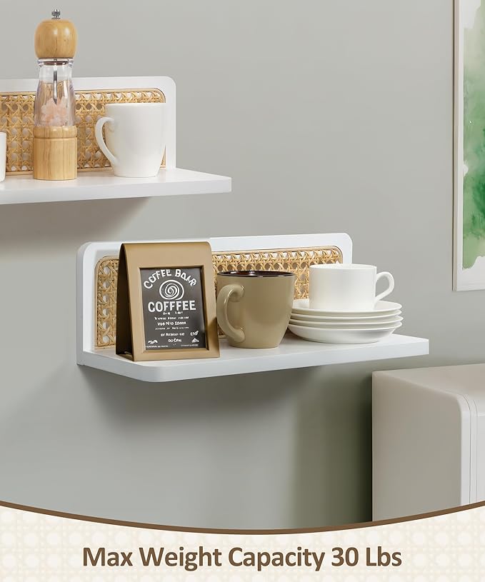 Rattan Floating Shelves, Boho Cane Webbing Wall Shelves Farmhouse Display Storage Organizer White Bookshelves Wicker Room Decor for Living Room Bedroom Entryway Hallway Bathroom, Set of 2