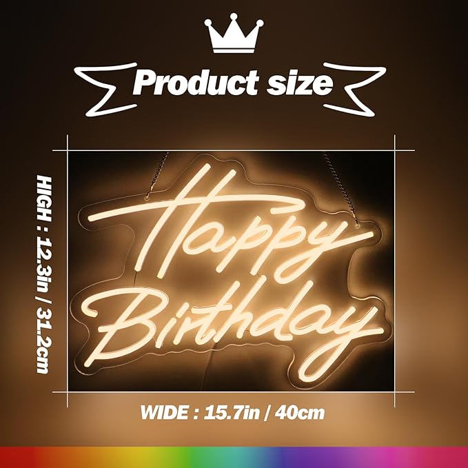 Goneons Happy Birthday Neon Sign for Wall Decor, Happy Birthday Led Sign for Backdrop with Dimmable Switch, USB Powered LED Happy Birthday Sign for Biryhday Party Decoration(Warm White,16.5" × 12.2")