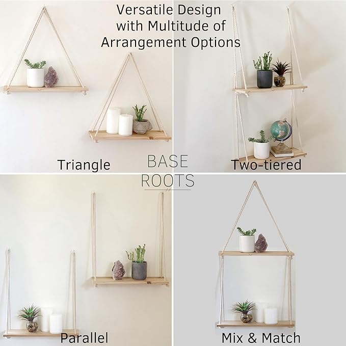BASE ROOTS Hanging Shelves for Wall, Plants Hanging Shelf, Macrame Wall Hanging, Floating Shelves Boho Rope, Lightweight Rustic Wood, Triangle Floating Shelves Easy Hanging Shelves no Drill Set of 2
