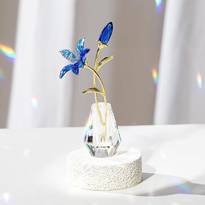 Crystal Lily Figurine, Glass Flowers with Stem,Flower Collectible Gifts for Woman, Wedding Party Decor(Blue)