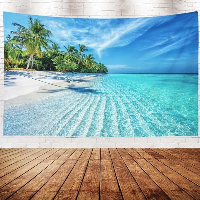 EMMTEEY Beach Tapestry Wall Decor Big 80X60 Inch-Summer Calm Sea Waves with Palm Trees Durable Hanging Tapestry for Living Room