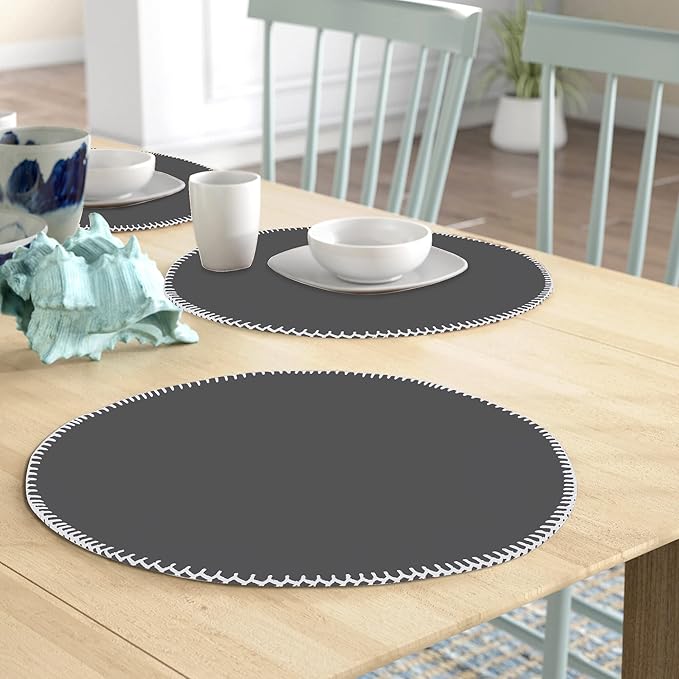 Urban VillaPlacemats Embroidery with White Stitches Grey Color Round Placemats 100% Cotton Fused Placemats 16'' Round Over Sized Set of 6 Ribbed WeavePlacemats Heavier Quality