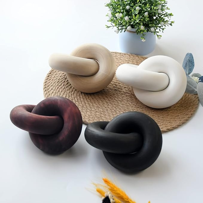 Wooden Knot for Coffee Table Decor Shelf Decor Boho Home Decor Statues, Modern Farmhouse Bookshelf Decorative Objects Wood Chain Link for Living Room- Black