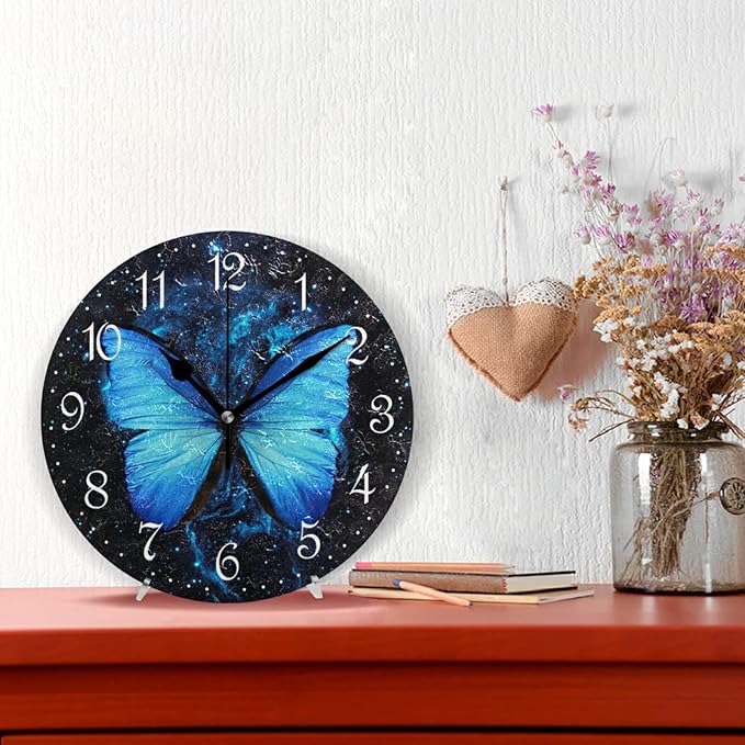 ALAZA Stylish 3D Blue Butterfly Round Wall Clock Battery Operated Quartz Galaxy Quiet Home Kitchen Decor Wall Clocks 10 Inch