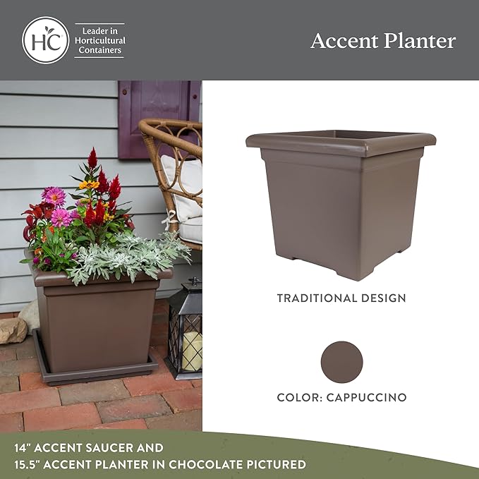 The HC Companies Accent Square Plant Pot w/Drainage - Classic Planters for Outdoor Plants & Indoor Plants - Lightweight & UV-Resistant Square Planter Box (12.5”, Cappuccino, Pack of 2)