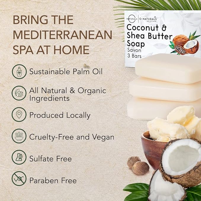 O NATURALS 3-Pack Organic Coconut & Shea Butter Soap Bar 4oz each Set - 100% Vegan Cold Process Bar Soap Scented Premium Essential Handmade Soap - Natural Soap for Men Women, Face, Body