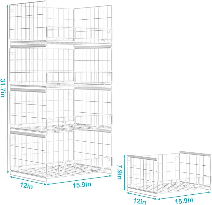 4-Tier Sliding Closet Organizers and Storage Shelves, Stackable Closet Shelf Organizer Basket Bins, Drawer Shelf Storage Container for Wardrobe Cupboard Kitchen Bathroom Office, White