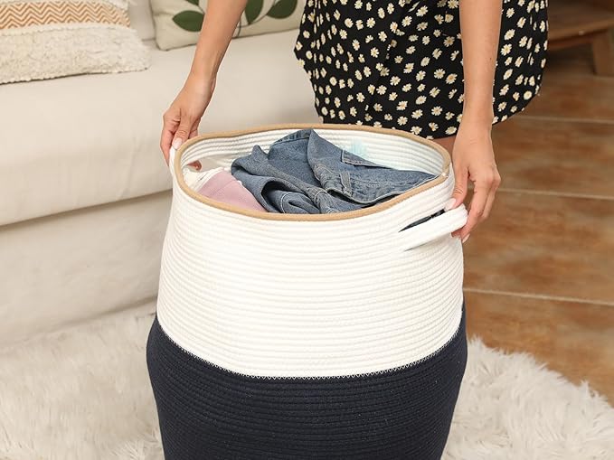 26" x 20" Tall Extra Large Storage Basket with Lid, Cotton Rope Storage Baskets, Woven Laundry Hamper with Cover, for Clothes Blanket in Living Room, Dark Blue/Beige Line