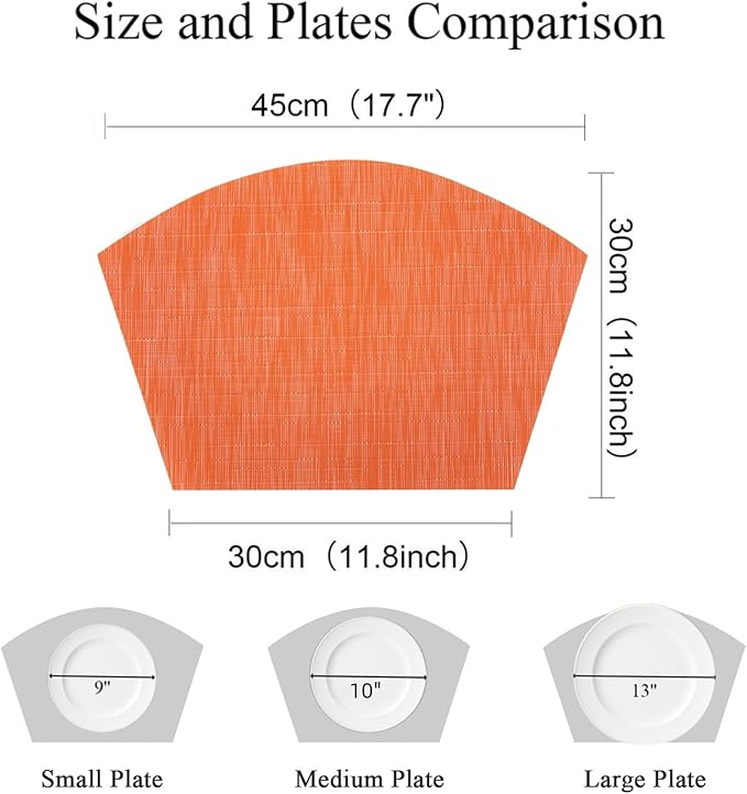 SHACOS Small Round Table Placemats Set of 4 Wedge Placemats Heat Resistant Woven Vinyl Table Mats Wipe Clean (4, Orange)