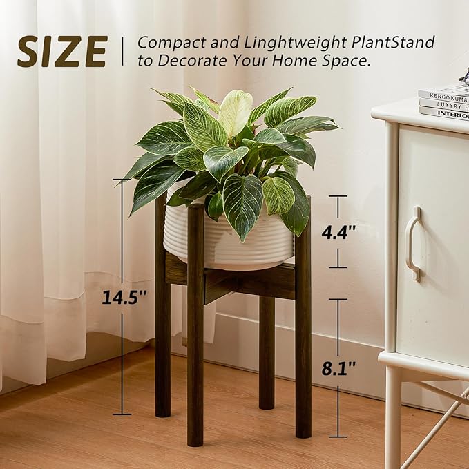 Adjustable Plant Stand Indoor, Bamboo Plant Holder 8 to 17 Inches, Small Tall Planter Stand for Indoor Plants, Single Floor Plant Stand for Living Room Balcony Bedroom, Tea Brown