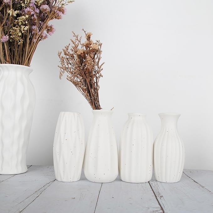Set of 4 Small White Ceramic Vases Table Flower Vase Modern Decorative Vases for Pampas Grass, Small Vase for Home Living Room Dining Table Farmhouse Office Decor-4.9inch High