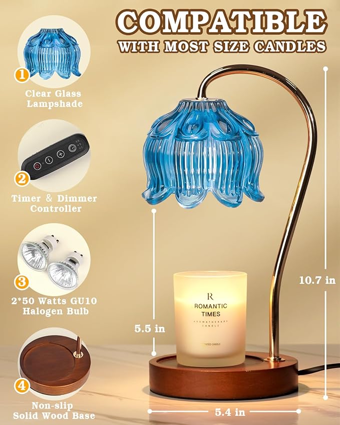 Flower Candle Warmer Lamp with Timer, Blue Candle Lamp Warmer, Birthday Gifts for Women, Mom, Female Friend, Dimmable Glass Lamp Candle Warmer Gifts, Aromatic Candle Wax Warmer for Vintage Home Decor