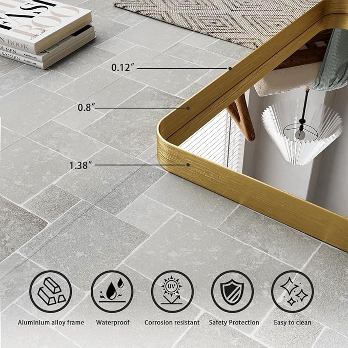 Koonmi Gold Bathroom Mirror for Wall, 30x40 Inch Matte Metal Deep Framed Rounded Corner Wall Mirror, Shatterproof Tempered Glass for Farmhouse Bedroom Entryway, Vertically or Horizontally