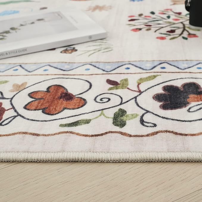 Runner Rug for Kitchen Non Slip 2'6''x8' Washable Rugs with Rubber Backing Soft Floral Animal Cat Carpet Runner for Kitchen Laundry Bedroom Bathroom, Beige
