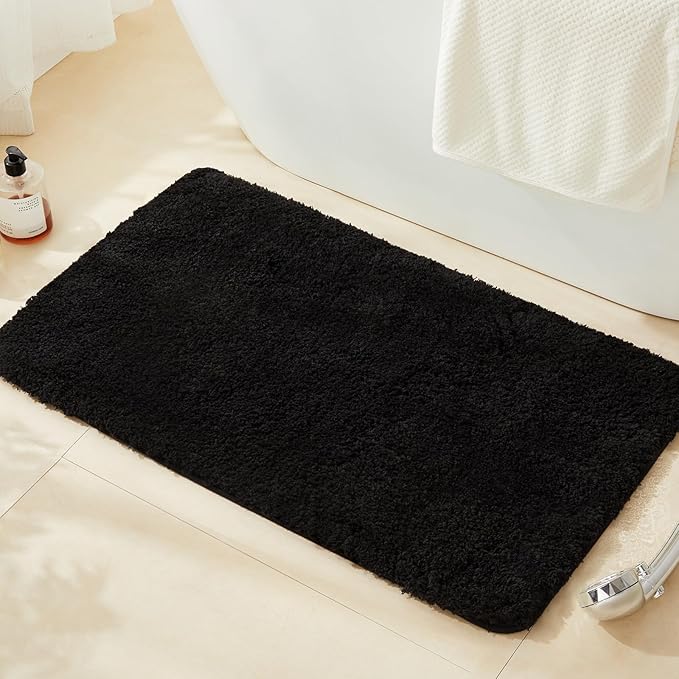 TECHMILLY Super Soft Shaggy Bathroom Rugs, Absorbent Thick Non Slip Microfiber Bath Rugs, Quick Dry Machine Washable Bath Mat for Bathroom Floor, Bathtub and Shower 24"x36" Black