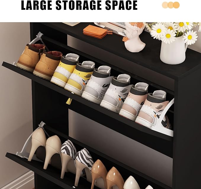 AVZEAR Narrow Shoe Cabinet with 2 Flip Drawer, Freestanding Shoe Organizer Shoe Cabinet Storage for Entryway, Slim Shoe Storage Shoe Rack for Closet with Linen Doors in Hallway, Living Room(Black)
