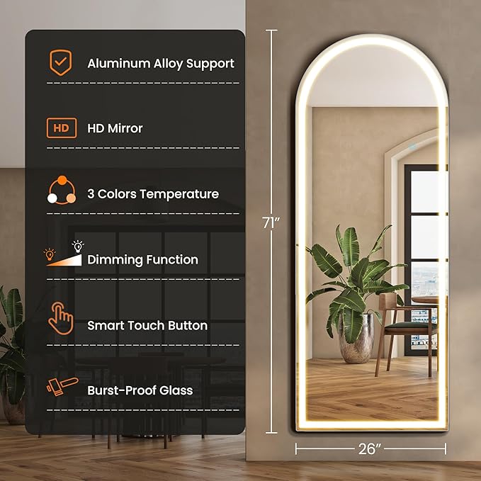 Sweetcrispy 71"x26" Arched Mirror Full Length with LED Lights and Stand, Lighted Full Body Wall Mounted Mirror for Bedroom, Living Room, White