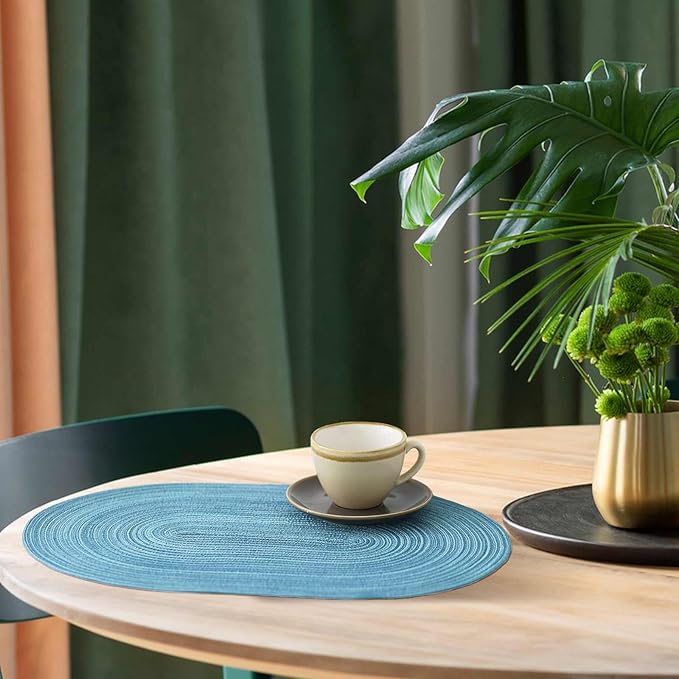Noctiflorous Oval Braided Placemats Set of 4 Woven 12x18 Inch Non Slip Washable Heat Resistant Place Mats Round Tablemats for Dining Kitchen Party Daily Table Decor Dinner Mats (07 Blue, 4)