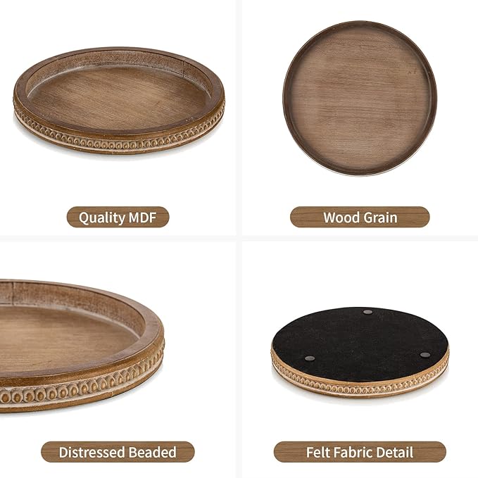 Hanobe Decorative Serving Tray Round: Brown Beaded Trays for Coffee Table Rustic Wooden Candle Holder Decor Farmhouse Vintage Centerpiece for Living Room Kitchen Counte