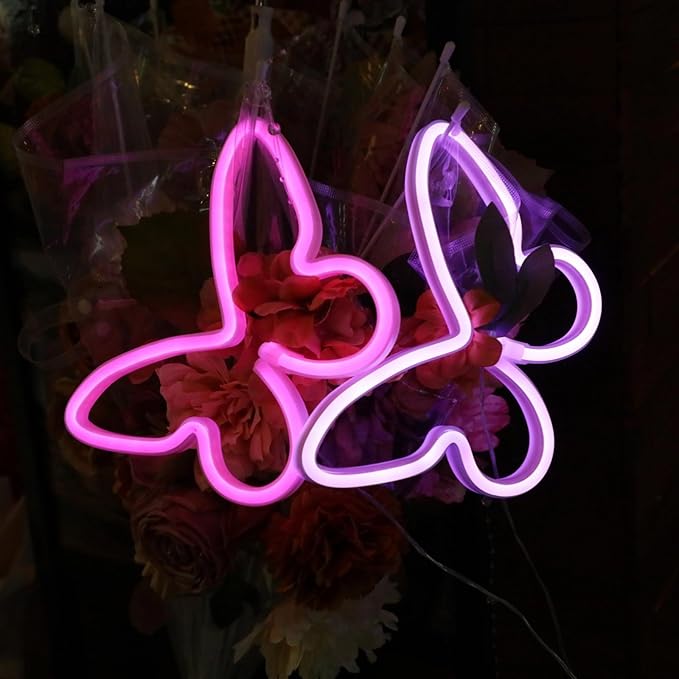 Butterfly Neon Sign, 2 Pack Led Neon Light USB/Battery Operated Wall Decor for Party, Birthday, Wedding, Holiday, Christmas, Living Room, Bar, Bedroom, Indoor, Valentine Gifts (Pink Purple)