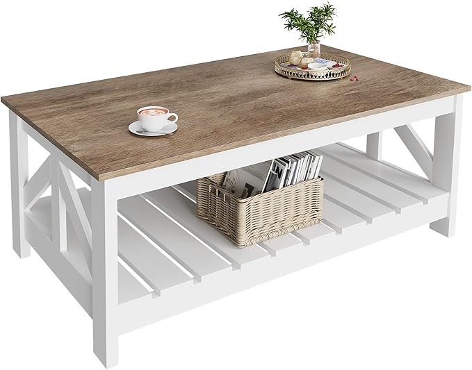 YESHOMY 39" Farmhouse Coffee Table, Coffee Tables for Living Room, Farmhouse Square Coffee Table with Storage, Couch Table, Small Tables for Small Spaces, Gray and White