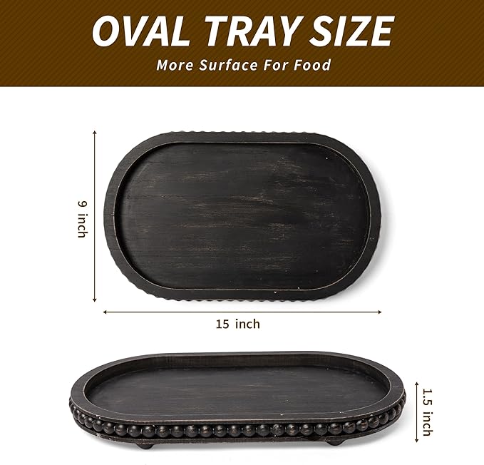HPC Decor 15in Oval Tray for Home Decor - Black Wood Beaded Tray - Decorative Serving Tray,Rustic Farmhouse Wooden Trays for Vintage Centerpiece,Kitchen Counter,Living Room Decor,Coffee Table Decor.