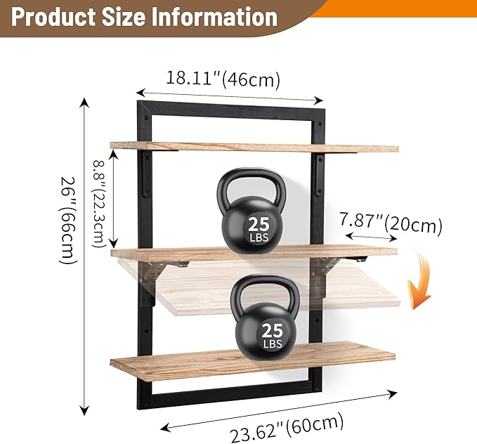 24-Inch Floating Shelves for Wall,3-Tier Wooden Wall Mounted Kitchen Shelves with Foldable Brackets,Hanging Wall Shelves for Living Room, Coffee Bar,Bedroom, Bathroom,Rustic Brown