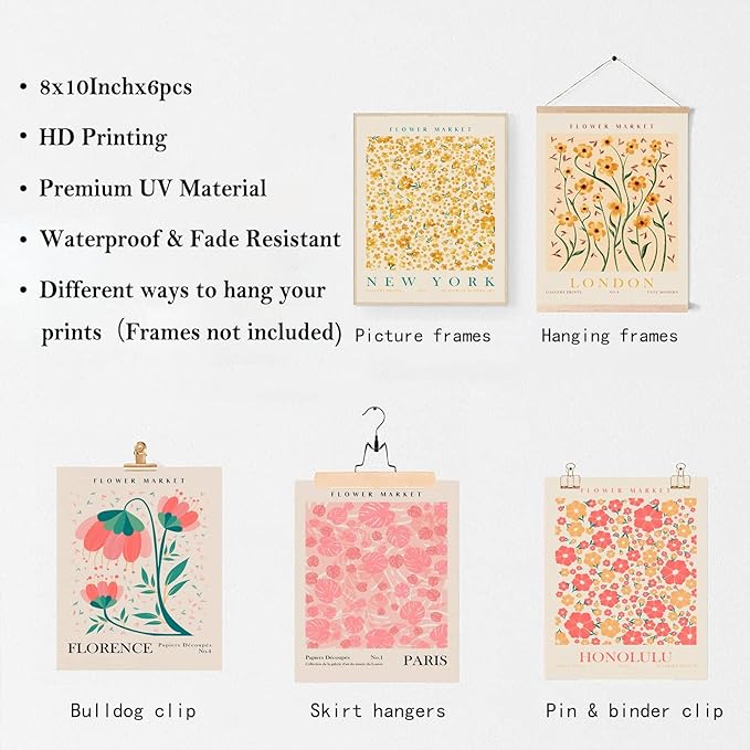 Flower Market Poster Set of 6, Abstract Flower Market Wall Art Prints, Vintage Colorful Floral Wall Art Decor, Boho Room Decor(8x10inch, Unframed)