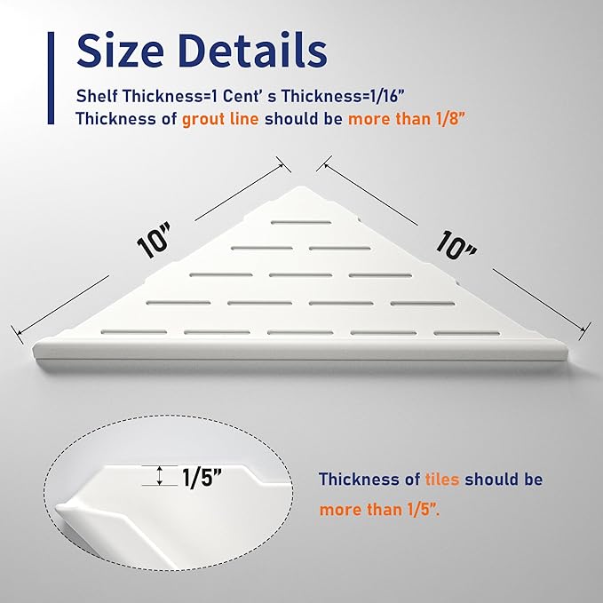 Corner Shower Shelf, 304 Stainless Steel with Slot Design for Bathroom Storage, Grout in Shelf for Tiled Wall (White, 10"-2 Pack)