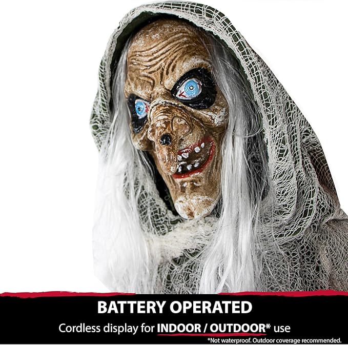Haunted Hill Farm Life-Size Scary Talking Witch, Animatronic with Touch Activated Lights and Sound, Battery Operated Indoor or Covered Outdoor Decoration, Creepy Halloween Prop