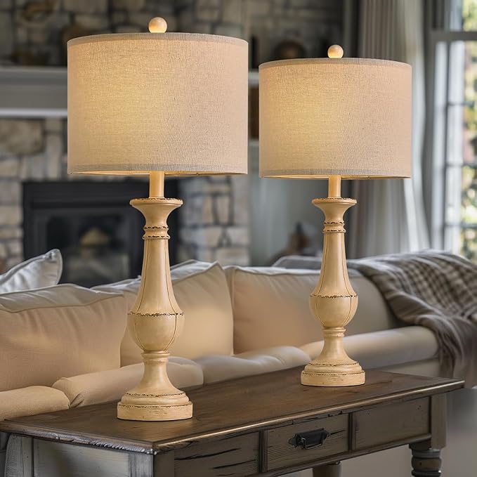 PoKat 27.5" Farmhouse Table Lamp for Living Room, Mid Century Tall Table Lamp for Bedroom, Bedside Lamps for Night Stands, Wood Bedroom Lamp for End Table, Traditional Lamp, Distressed Washed White