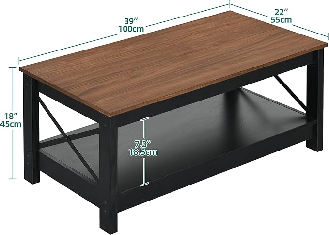 YITAHOME Coffee Tables for Living Room, Modern Farmhouse Coffee Table with Storage, 2-Tier Center Table Wood Living Room Table Accent Cocktail with Sturdy Frame, Brown and Black
