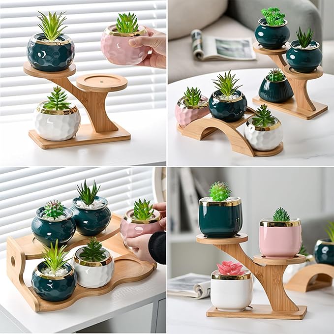 RHBLME 2 Sets Wooden Plant Stands, Bamboo Wood Plant Stands Indoor 3 Tier Succulent Plant Stand, Small Plant Stand Tabletop Plant Holder for Outdoor, Home, Office