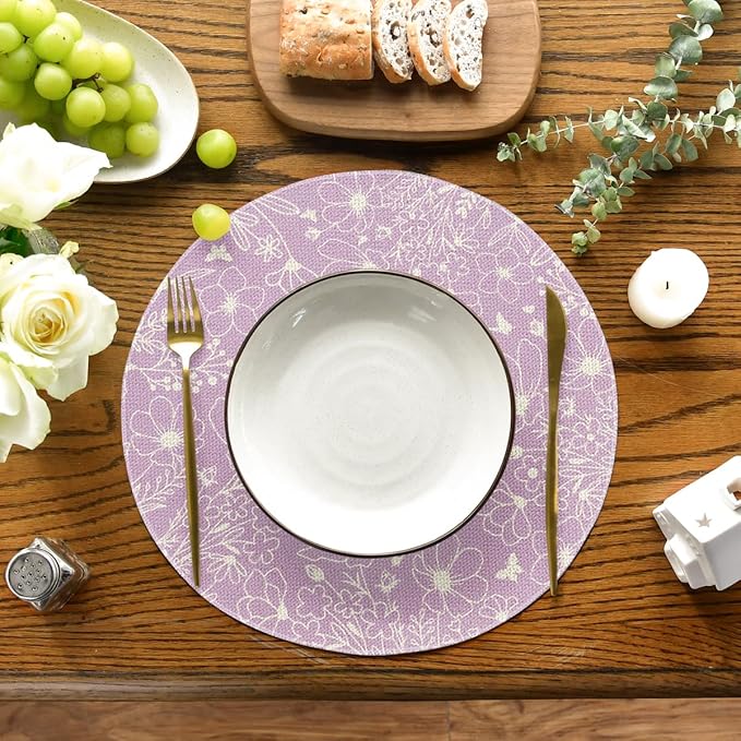 Artoid Mode Purple Flowers Floral Butterflies Spring Round Placemats Set of 4, 14 Inch Seasonal Round Table Mats for Dining Decoration