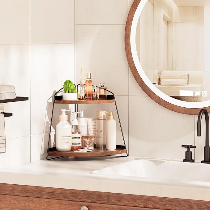 Puricon Bathroom Counter Organizer, 2 Tier Corner Countertop Storage Shelf Bathroom Sink Organizer, Wood Triangle Bathroom Organization for Skincare Kitchen Vanitity -Brown, 2 Pack