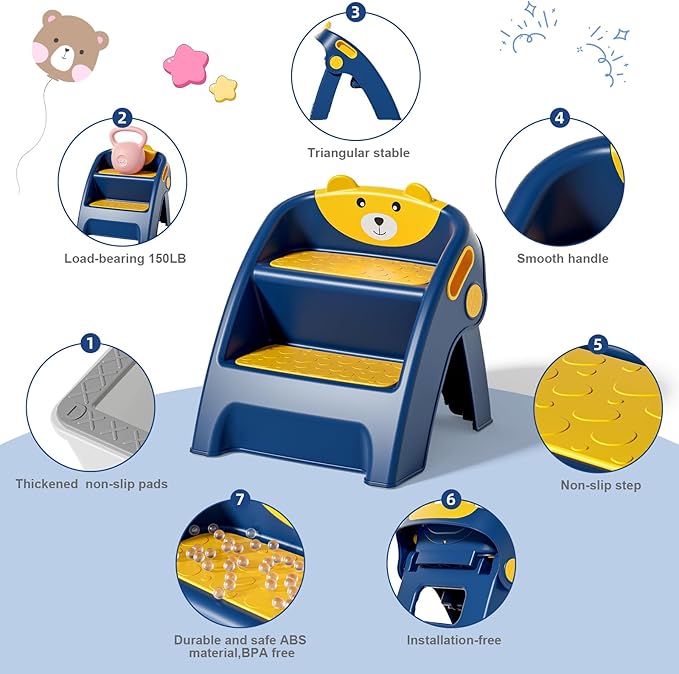 Folding Kids Step Stool for Bathroom and Potty Training,2.9lbs,Anti-Slip, Anti-Tip A-Frame Design with 10-Second Setup-Potty 2 Step Stool for Toddlers,CPC Certified for Safety and Easy Hand Washing