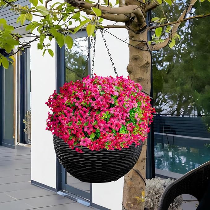 Artificial Flowers Outdoor, Faux Silk Flowers Plastic Plants for Outdoors Indoor Outside Front Porch Hanging Planter Window Box Garden Home Decoration, 14 Bundles(Rose Red)