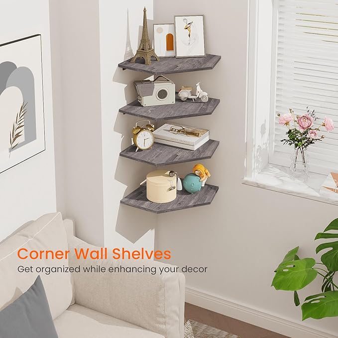 Homode Corner Shelf Wall Mount, Set of 4 Corner Floating Shelves with Cord Hole, Wall Shelf Organizer, Wood Hanging Storage Shelving for Bathroom Bedroom Kitchen, Rustic Grey