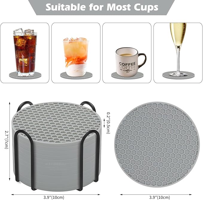 Silicone Coasters Set of 8 with Holder,Coasters for Drinks,Beer,Coffee Coasters,Suitable for Kinds Cups,Hot or Cold,Anti-SLI,Non-Stick,Anti-Overflow Tabletop Protection and Decor (12 Pcs, Gray)