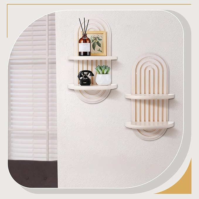 Wenqik 2 Pcs Boho Wall Shelf Rainbow Arch Wooden Floating Shelf Mid Century Bohemian Hanging Holder Double Vintage Wall Mount Altar Decor for Nursery Bedroom 15.75 x 6.69 Inches(White)