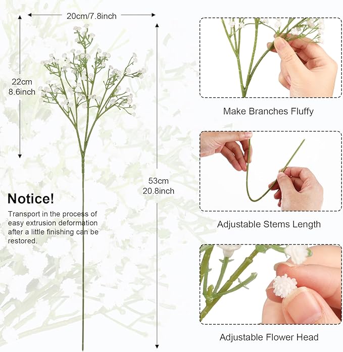 N&T NIETING Babys Breath Artificial Flowers Bulk White, 24Pcs Fake Gypsophila Bouquet Flowers Real Touch Faux Babies Breath for Wedding Centerpieces, Party Decor, Home Floral Arrangements, White
