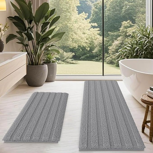 Striped Light Grey Bathroom Rug Mat Set 2 piece 32"x20"+60"x20" Ultra Soft, Non Slip Chenille Bath Rugs, Absorbent Plush Shaggy Bath Mats for Bathroom, Bedroom, Kitchen, Shower, Tub,Light Gray