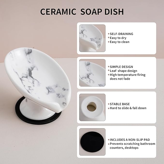 Soap Dish, Marble Soap Holder Self Draining Leaf Shape Soap Dishes,Ceramic soap Holder for Shower,Bathroom Sink, Kitchen (1, Marble)