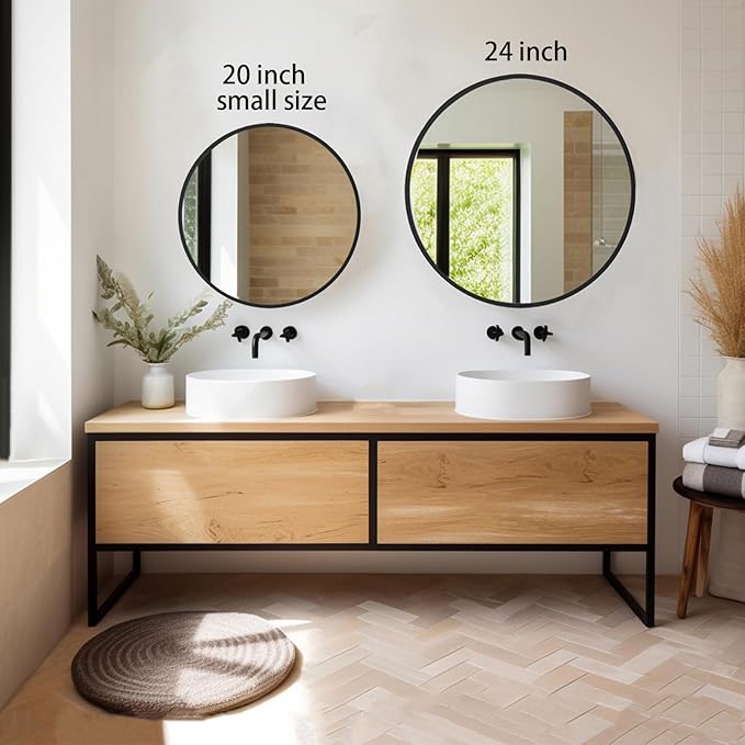 Black Circle Mirror, Round Bathroom Mirror 20 inch, Round Wall Mirror Metal Frame, Circle Mirrors for Bathroom, Vanity, Bedroom, Hallway.