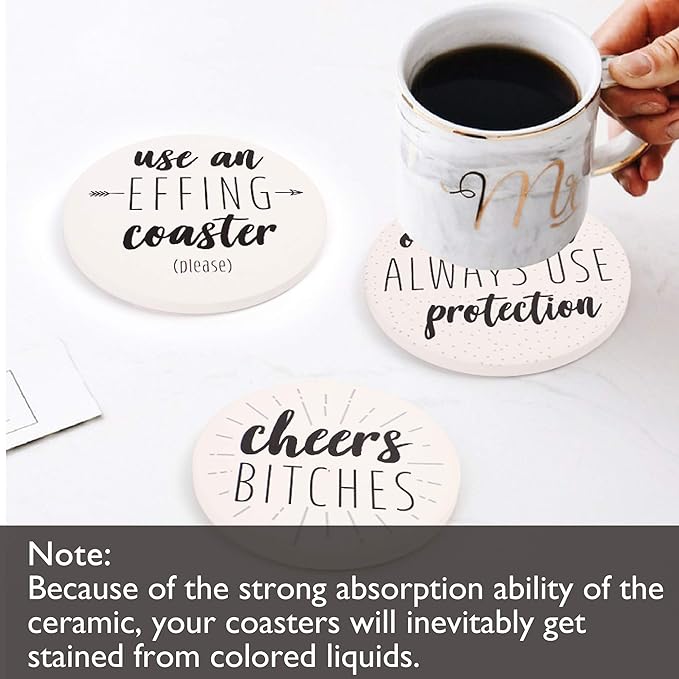 LotFancy 6PCS Ceramic Coasters with Cork Base, Round Coasters with 6 Humorous Sayings, Non-Slip, Bar Room Decor, Housewarming Gift