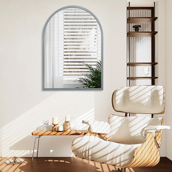 Large Arched Wall Mirror Aluminum Alloy Frame Bathroom Mirror Brushed Metal Vanity Wall Mounted Mirror for LivingRoom Bedroom Entryway Room Home Decor 36"x24"